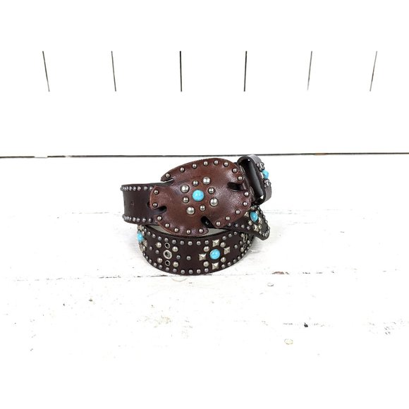 Iron Horse Accessories - Brown silver studded faux leather western buckle belt